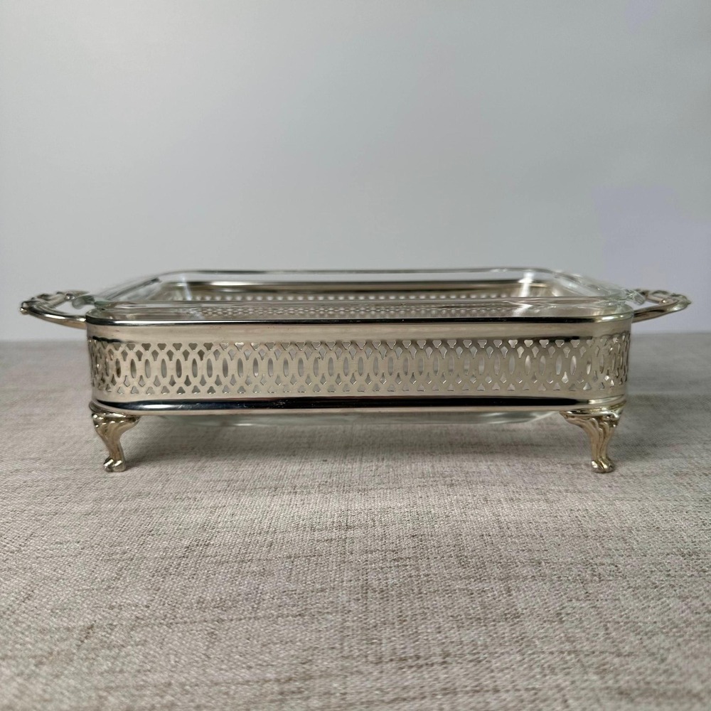 Vintage Anchor Hocking 1 Qt Casserole Silverplate Holder Footed Server